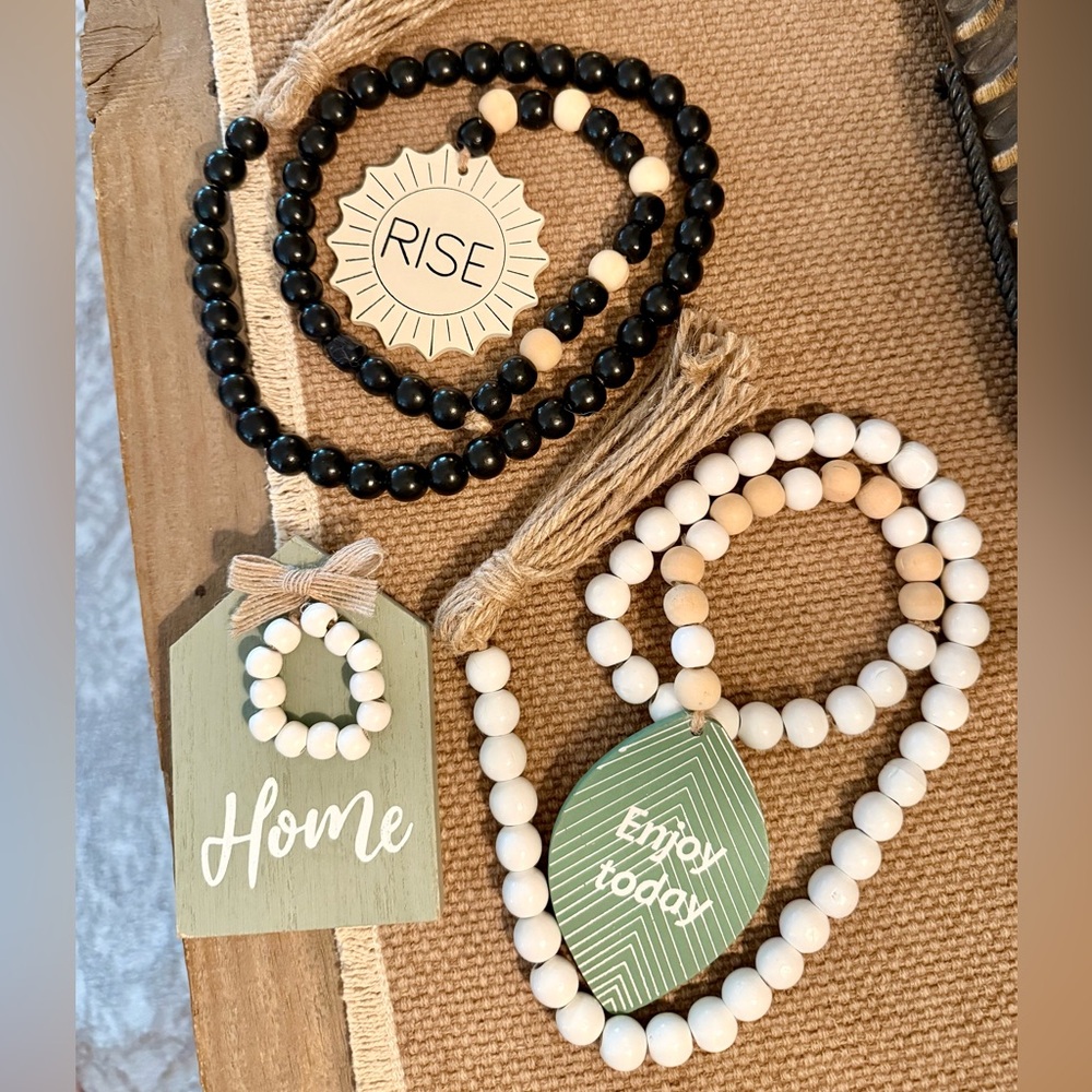 4~farmhouse-style wooden bead garlands~tags~coffee bar~boho~cottagecore~rustic